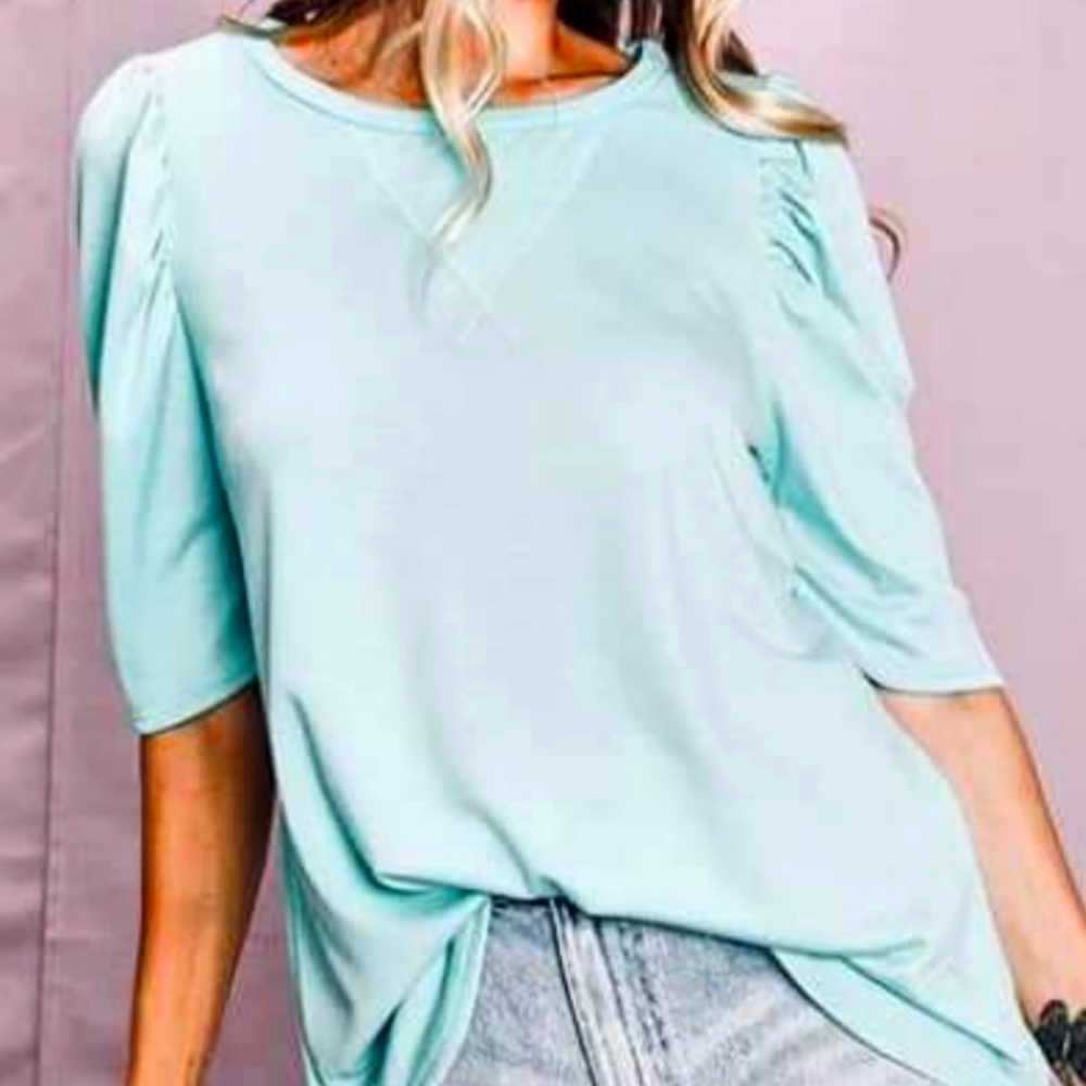 Bibi Boutique Puff Sleeve Top NWOT blue casual shirt elbow length sleeve medium